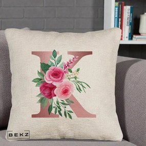 Cadou Personalizat - Perna Personalizata Monograma Rose Gold Litera K, 40x40 cm, Bej Canapea, Husa Detasabila, Perna Inclusa, BEKZ®