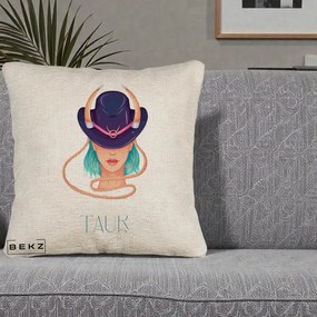 Perna Personalizata Zodie Taur, 40x40 cm, Bej Canapea, Husa Detasabila, Perna Inclusa, BEKZ®
