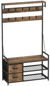 HOMCOM Suport pentru haine 6-în-1 cu raft pentru pantofi, stil industrial, 10 cârlige, 2 sertare textile, metal, maro | Aosom Romania