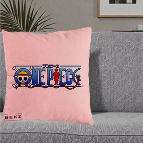 Perna Personalizata One Piece Clasic Albastru, 40x40 cm, Roz, Husa Detasabila, Perna Inclusa, BEKZ®