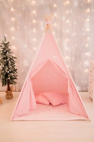 Set Cort de joaca, Gold Stars Teepee Pink, 110 x 110, salteluta, 2 pernite si kit fixare