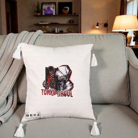 Perna Personalizata Tokyo Ghoul Ken Kaneki Anime, 40x40 cm, Bej cu Franjuri, Husa Detasabila, Perna Inclusa, BEKZ®