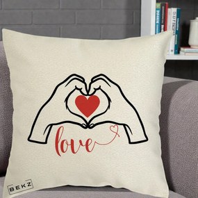 Perna Decorativa Love Maini Inima cu Inscriptie Love Rosu, 40x40 cm, Ecru, Husa Detasabila, Perna Inclusa, BEKZ®