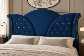 Pat tapițat Chesterfield din catifea Velora Deluxe 160×200 cm, bleumarin, cu ladă de depozitare