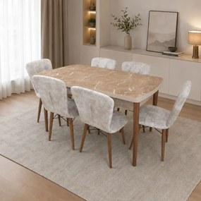 Set masa extensibila cu 6 scaune tapitate Homs marmura/bej 170 x 80 cm picioare lemn