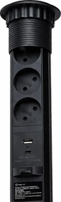 Priză încorporabilă în blat Lift Box Design Light, 3 prize Schuko, USB A + C, negru, D: 60 mm Plastic, Negru, D:60 mm
