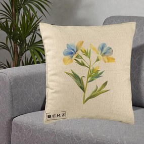 Perna Decorativa Botanica Frezie Galbena si Albastra, 40x40 cm, Bej, Husa Detasabila, Perna Inclusa, BEKZ®