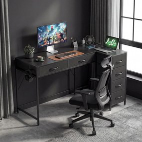HOMCOM Birou de Colț Reversibil cu Prize și Porturi USB, 126x48 cm Birou în Formă de L cu 6 Sertare din Material Textil, Cârlig Lateral, pentru Computer, Birou, Cameră, Negru | Aosom Romania