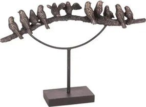 Statuetă decorativă din polirășină, aurie, cu păsărele pe creangă, pe suport, finisaj patinat, 30 x 42 x 8 cm, „Mésange”