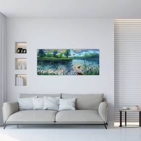 Tablou- Pictură în ulei, seară de vară lângă lac (120x50 cm)