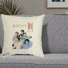 Perna Personalizata K-pop BTS ARMY Fotografie Grup Veseli, 40x40 cm, Ecru, Husa Detasabila, Perna Inclusa, BEKZ®