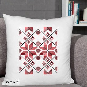 Perna Personalizata Motiv Traditional Cusatura Rosu-Negru, 40x40 cm, Alb Pufos, Husa Detasabila, Perna Inclusa, BEKZ®