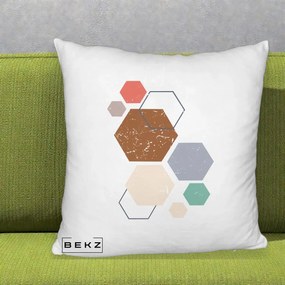 Perna Decorativa Geometric Hexagoane Multicolor, 40x40 cm, Alb Pufos, Husa Detasabila, Perna Inclusa, BEKZ®
