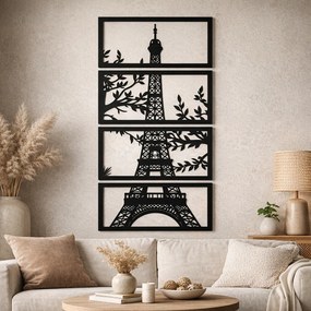 Decorațiune de perete Turnul Eiffel în 4 panouri, siluetă neagră cu frunze 45 x 21 cm