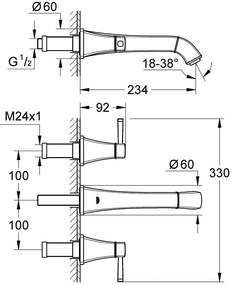 Baterie lavoar incastrata Grohe Grandera, dubla comanda, pipa 23 cm, manere aurii