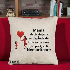 Cadou pentru Mama - Perna Personalizata Mama Nemuritoare cu Bebelus Kawaii, 40x40 cm, Bej Canapea, Husa Detasabila, Perna Inclusa, BEKZ®