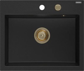Mexen Oscar chiuvetă de bucătărie granit cu 1 compartiment 580 x 490 mm, negru, sifon auriu - 6519581000-77-G