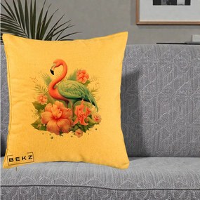 Perna Decorativa Flamingo cu Hibiscus Tropical, 40x40 cm, Galben, Husa Detasabila, Perna Inclusa, BEKZ®