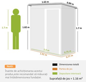 Outsunny Magazie de Grădină pentru Scule din Oțel Galvanizat cu Acoperiș Înclinat și Ușă Culisantă, 163x89x182 cm, Verde | Aosom Romania