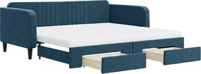 vidaXL Pat de zi cu extensie și sertare, albastru, 100x200 cm, catifea