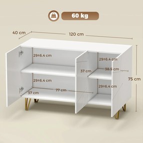 HOMCOM Dulap de Depozitare cu 2 Dulapuri și Raft Reglabil, din PAL și Metal, 120x40x75 cm, Alb și Auriu | Aosom Romania