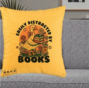 Perna Personalizata Easily Distracted by Books, 40x40 cm, Galben, Husa Detasabila, Perna Inclusa, BEKZ®