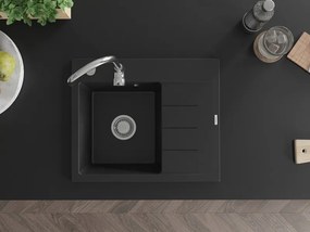 Mexen Ben chiuvetă de granit cu 1 compartiment și scurgător, stânga 600 x 500 mm, negru, sifon cromat - 6522605000-77