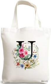 Sacosa de Panza pentru Cumparaturi, Geanta Tote, Cu litera U in Coronita Florala, 38x34.5 cm, Alba, BEKZ®