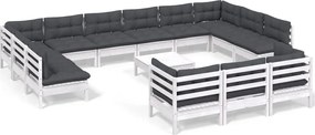 vidaXL Set mobilier de grădină cu perne, 14 piese, alb, lemn masiv pin
