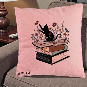 Perna Personalizata Pisica Neagra Carti Flori Fluturi, 40x40 cm, Roz, Husa Detasabila, Perna Inclusa, BEKZ®