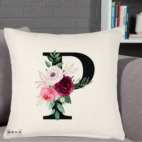 Cadou Personalizat - Perna Personalizata Monograma Florala Litera P, 40x40 cm, Crem Reliefat, Husa Detasabila, Perna Inclusa, BEKZ®