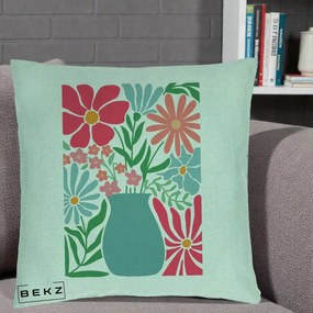 Perna Decorativa Flori in Vaza Turcoaz, 40x40 cm, Verde Menta, Husa Detasabila, Perna Inclusa, BEKZ®