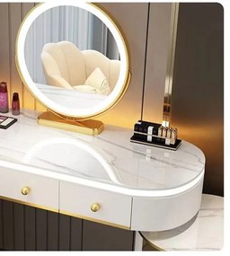 Set ALEGRIA, Masă de toaletă pentru machiaj cu oglindă iluminată LED, control touch, 4 sertare, scaun, Alb
