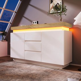 Comodă sideboard cu 2 uși și 3 sertare, iluminare LED, 140x39x81 cm, Alb