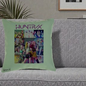 Perna Personalizata K-pop HUNTRX Colaj Animat Foto Grup, 40x40 cm, Verde, Husa Detasabila, Perna Inclusa, BEKZ®