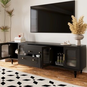 Mobilier TV Retro cu Mânere Aurii, Spațiu Generos de Depozitare, Ușă din Sticlă și Picioare din Lemn Masiv, 175x38x55,5 cm, Negru