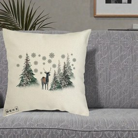 Perna Decorativa Ren in Padure Inzapezita, 40x40 cm, Ecru, Husa Detasabila, Perna Inclusa, BEKZ®