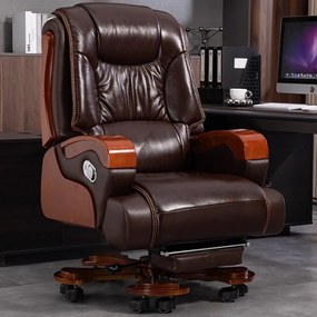 Regal Elite – Scaun directorial din Piele Naturală si Lemn Masiv, Sezut cu Arcuri, Înclinare 135°, Suport Picioare Extensibil, Maro
