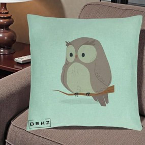 Perna Decorativa Bufnita Kawaii pe Creanga, 40x40 cm, Verde Menta, Husa Detasabila, Perna Inclusa, BEKZ®