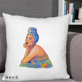 Perna Decorativa Portret Femeie Contemplativa, 40x40 cm, Alb Pufos, Husa Detasabila, Perna Inclusa, BEKZ®