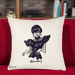 Perna Personalizata Wednesday Addams Dans Gotic, 40x40 cm, Crem Reliefat, Husa Detasabila, Perna Inclusa, BEKZ®
