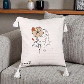 Perna Decorativa Portret Feminin Floare Bej Terracotta, 40x40 cm, Bej cu Franjuri, Husa Detasabila, Perna Inclusa, BEKZ®