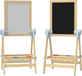 AIYAPLAY Șevalet pentru copii cu tablă dublă pentru cretă și markere, tablă magnetică și tăviță pentru accesorii, rolă de hârtie inclusă, lemn natur | Aosom Romania