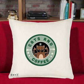 Perna Personalizata Cats and Coffee Starbucks, 40x40 cm, Crem Reliefat, Husa Detasabila, Perna Inclusa, BEKZ®