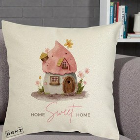 Perna Decorativa Home Sweet Home Casuta, 40x40 cm, Ecru, Husa Detasabila, Perna Inclusa, BEKZ®