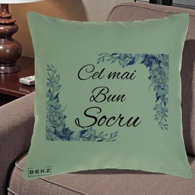 Cadou pentru Socru - Perna Personalizata Cel mai Bun Socru cu Flori Albastre Acuarela, 40x40 cm, Verde, Husa Detasabila, Perna Inclusa, BEKZ®