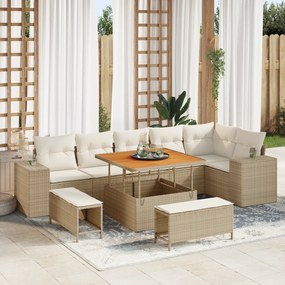 Set de Canapea Grădină cu 9 Piese Perne Bej Ratan Polimeric Acacia