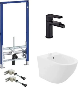 Pachet rama instalare Geberit Duofix, bideu suspendat Rea Carlo alb, baterie bideu Invena Siros negru si set fixare Geberit Sigma
