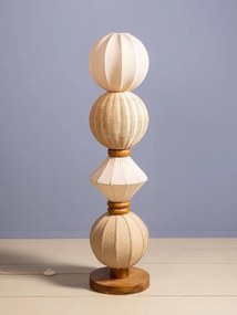 Lampă de podea din in și rattan natur, cu structură din lemn deschis, etaje rotunde suprapuse, finisaj natural, 138×34 cm, „Lumea"