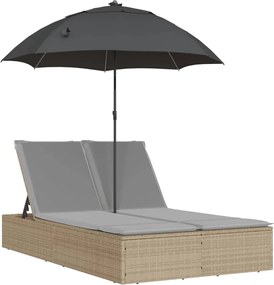 vidaXL Șezlong dublu cu perne/umbrelă de soare, bej, poliratan